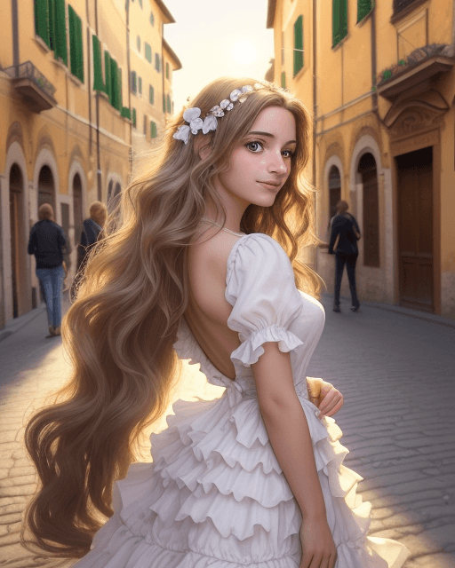AI generated: closeup beautiful young woman stands on the streets of Italy, wearing a frilly dress that flutters i...