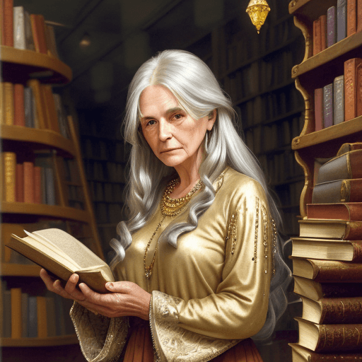 AI generated: Old woman with long silver hair, wearing a gold blouse with long sleeves, long red skirt, multiple c...