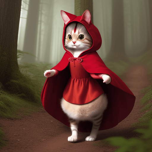 AI generated: 
anthropomorphic cute cat in the costume of the fairy-tale character Little Red Riding Hood, in a re...