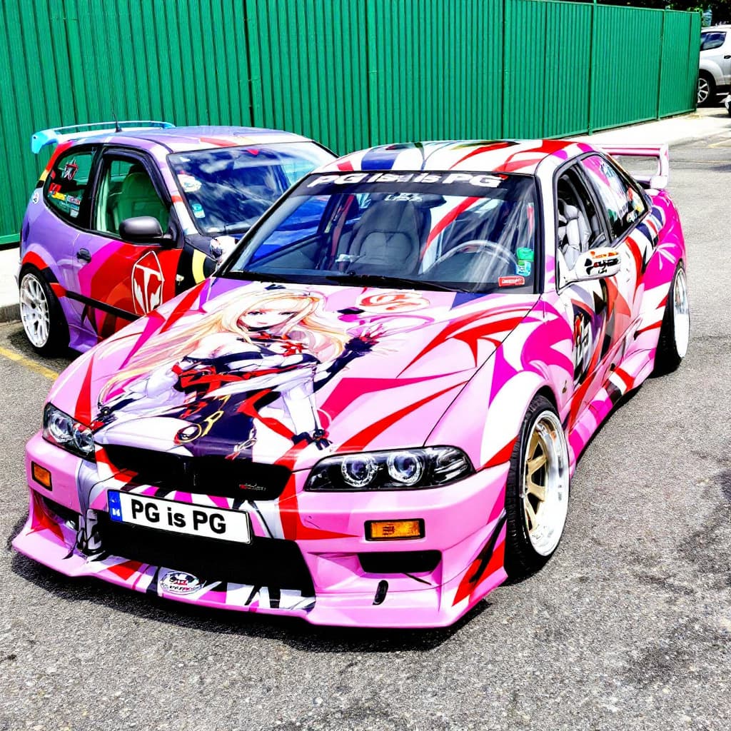 AI generated: A car with a vibrant and colorful realistic stunning and gorgeous allu**ng anime-themed wrap. The ca...