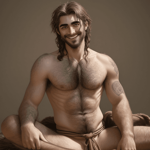 AI generated: ((Far-Shot Angle)), head to toe, medieval male gypsy peasant, tiny loin cloth, hairy chest, hairy le...