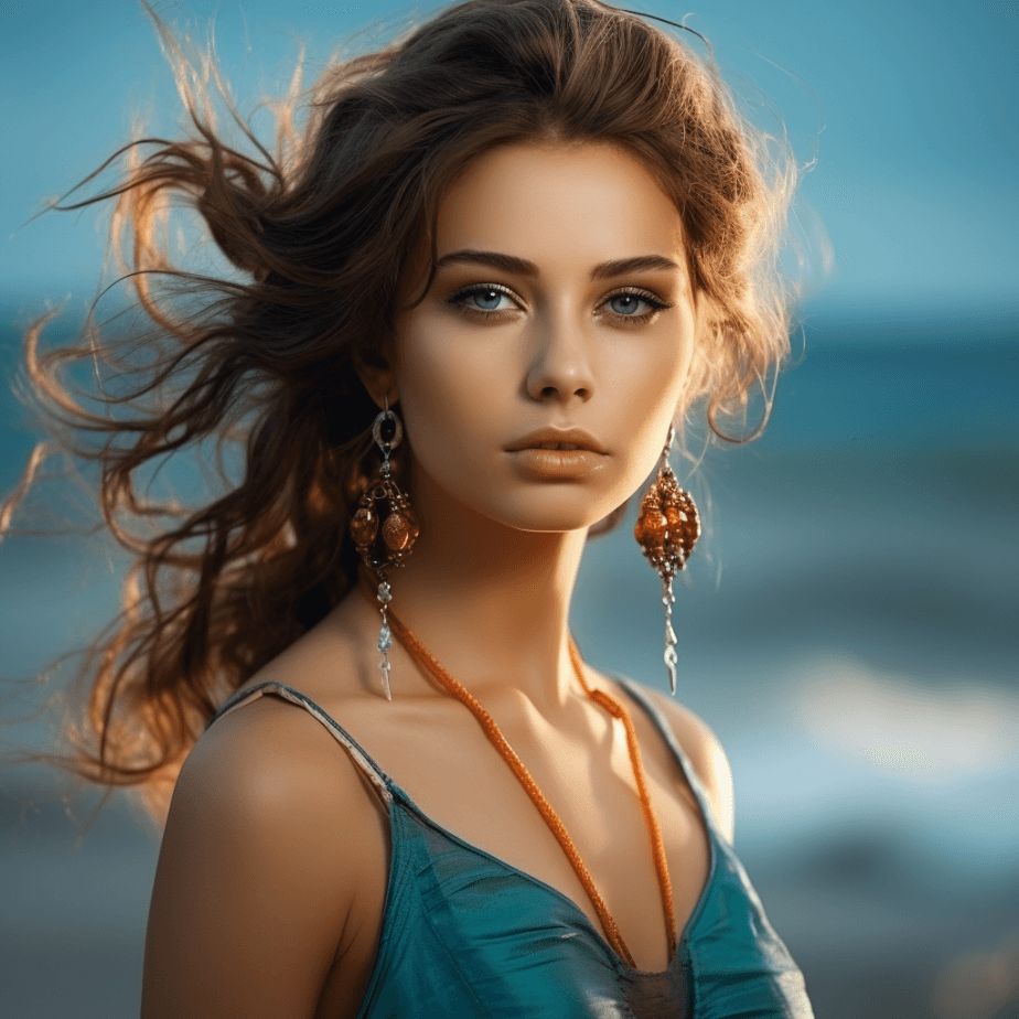 AI generated: the woman is posing with earrings, in the style of beach portraits, dark amber and sky-blue, 32k uhd...