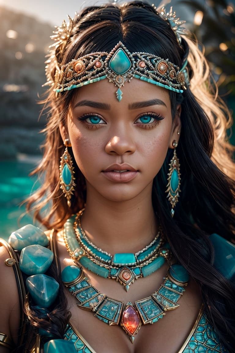 AI generated: Hyper realistic, ultra detailed photograph of Rihanna as a Nubian Goddess ((Jade eyes)), facing view...