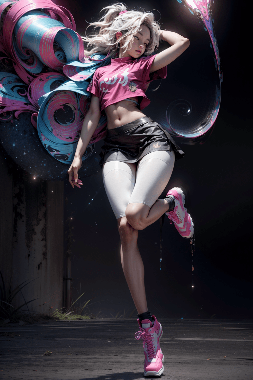 AI generated: blacklight, (beautiful young Korean woman, with white hair in a braided ponytail, wearing a white te...