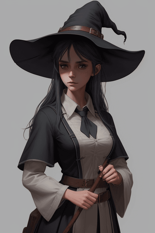 AI generated: rugged girl witch wearing a magic school uniform, large wide-brimmed witch hat, cinematic, elaborate...