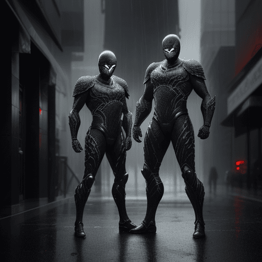 AI generated: Two man someone tall other medium size friends with symbiote armor, friends posing, dark ancient rai...