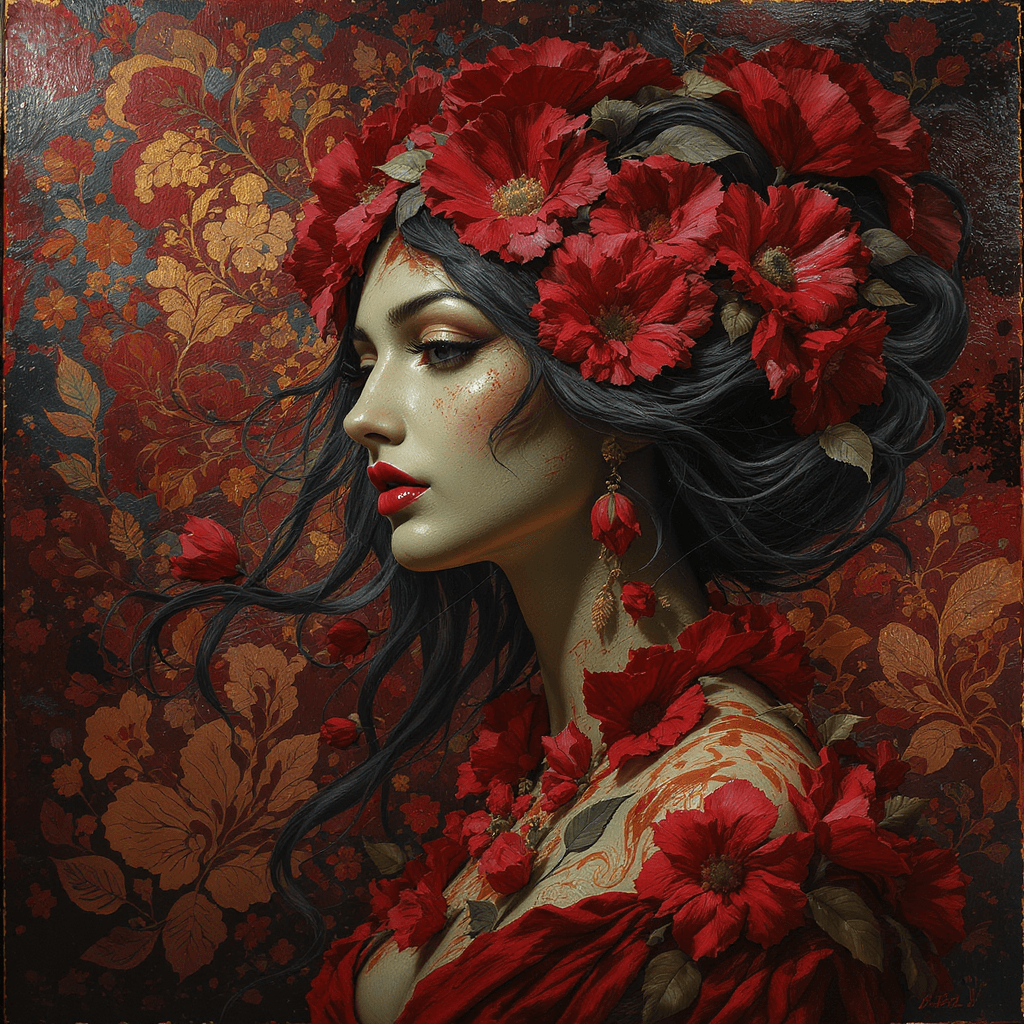 AI generated: A highly textured, sculptural portrait of a serene woman with flowing dark hair, intricately adorned...