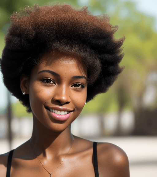 AI generated: Create a realistic photographic style image of a black  woman. The woman should be captured from a m...