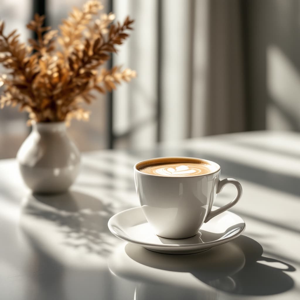 AI generated: latte cup in the sunlight, from the distance, in a minimalistic design room with gray shades, taken ...