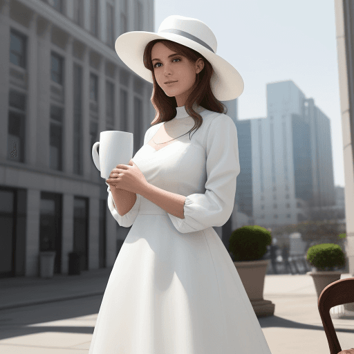 AI generated: The image features a woman wearing a white hat and a white dress, standing in front of a building. S...