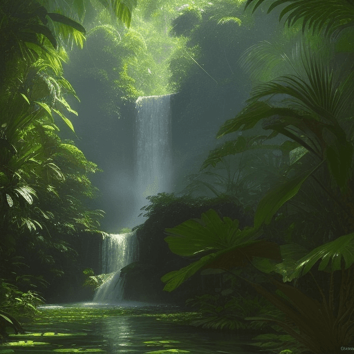 AI generated: A serene waterfall in a lush tropical forest, with sunlight filtering through the canopy, painted in...