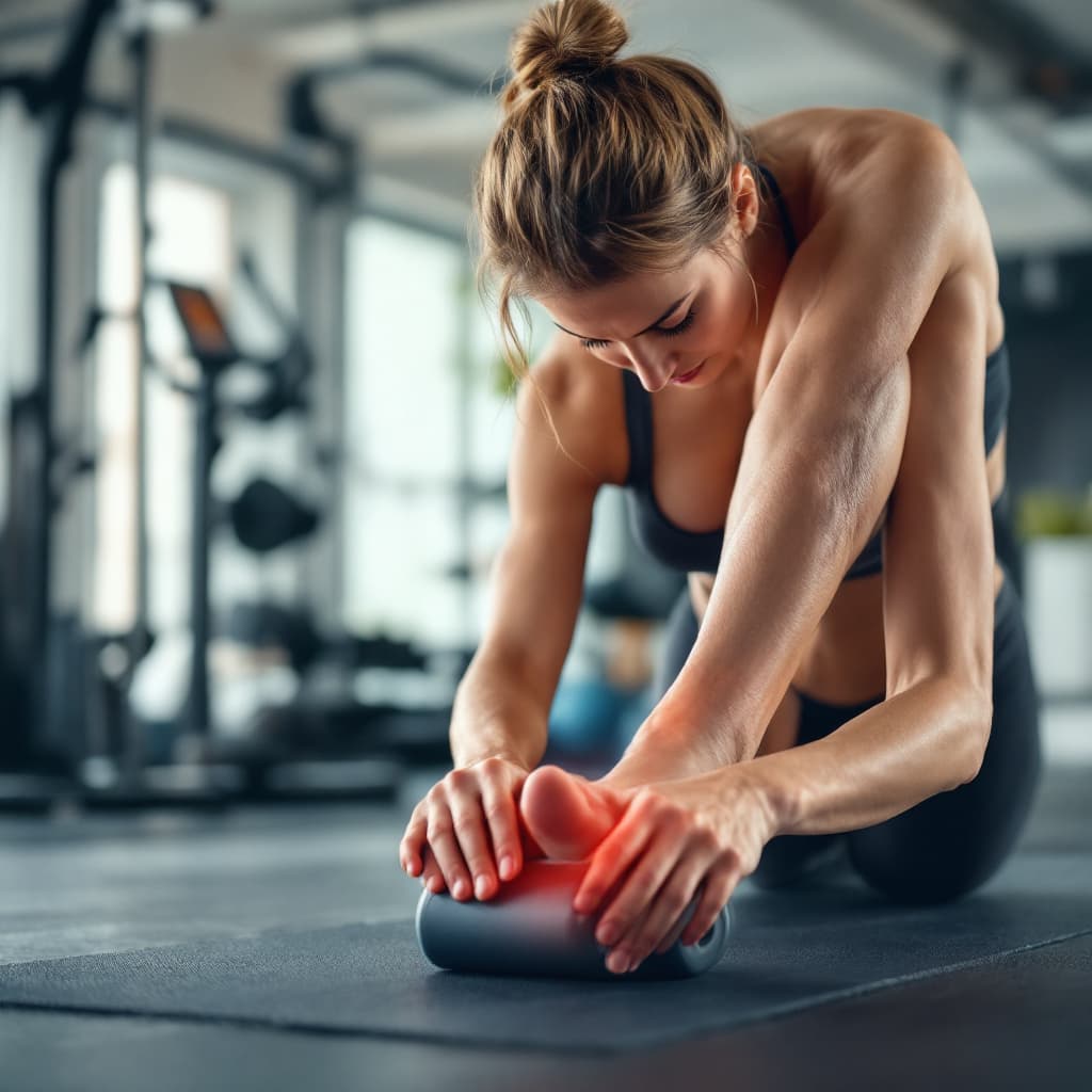 AI generated: a women in gym having foot pain (plantar fasciitis) using massage roller to release pain
