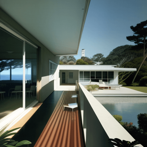 AI generated: Hyper realistic eye level exterior photo of a mid century modern style house overlooking the ocean, ...