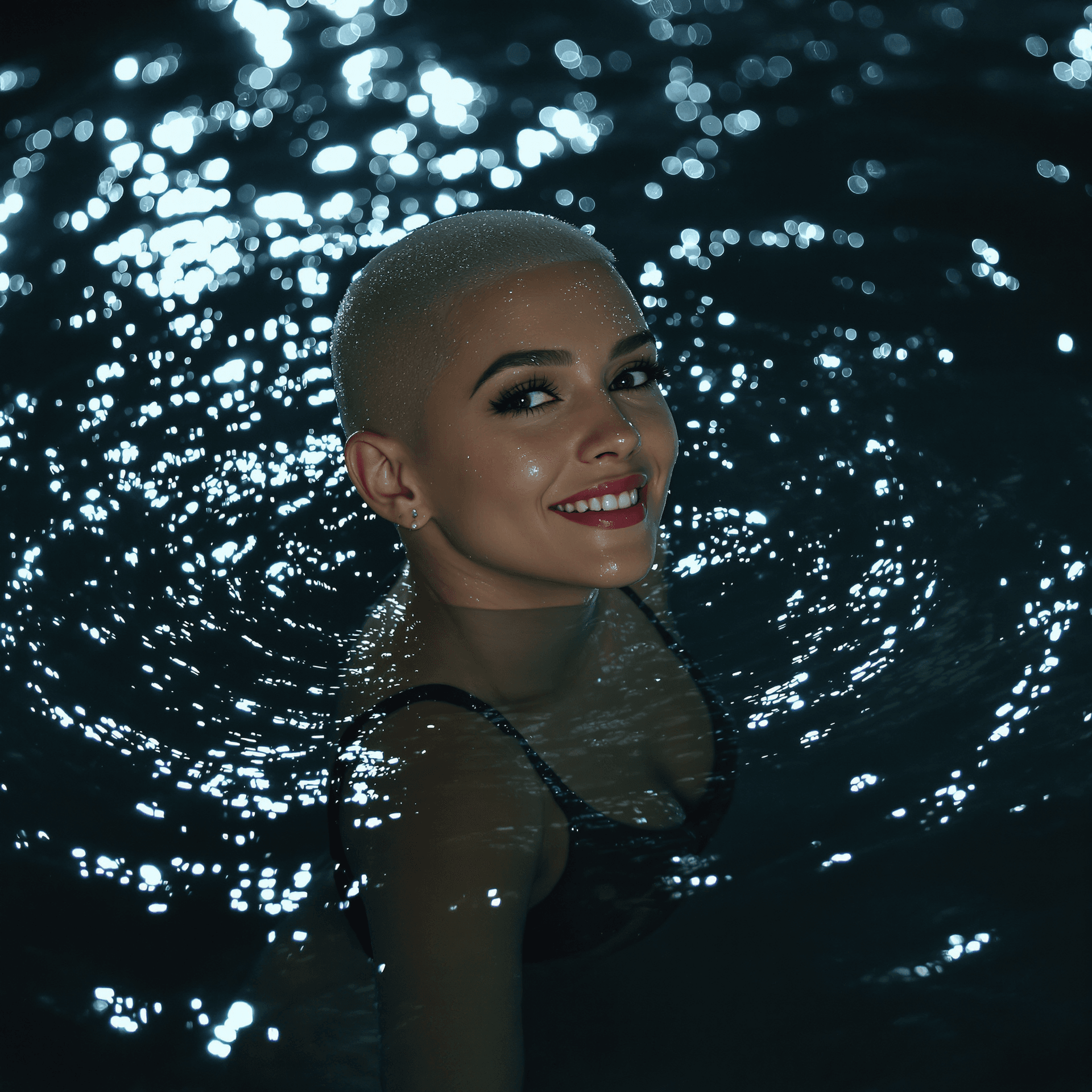 AI generated: A captivating, high-resolution night photograph of a graceful, young, and slender woman with a strik...