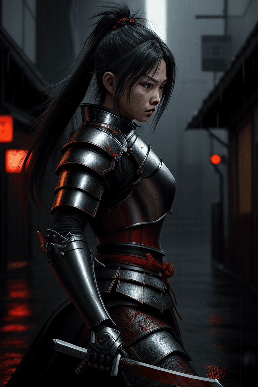 AI generated: Girl fighter character samurai armor, dark rainy city, dynamic pose, action scene, lumen reflections...