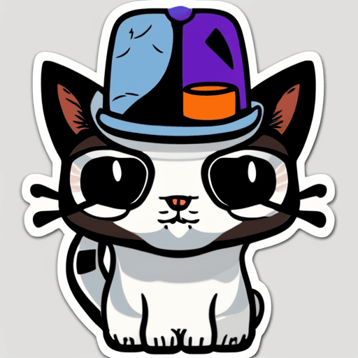 AI generated: cute cat wearing hat sticker, t-shirt design, vector, bold outline, luminous shadowing