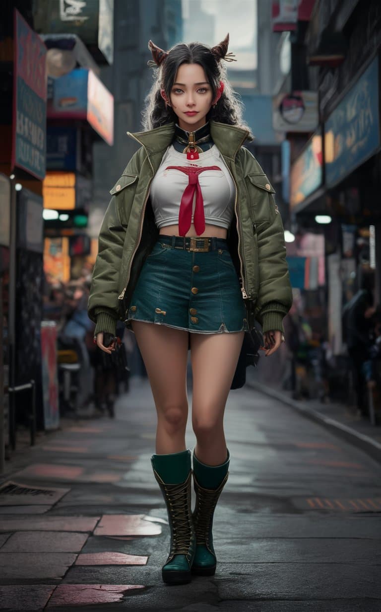 AI generated: ((best quality)), ((masterpiece)), ((realistic)), ((stunning tatsumaki)) short skirt, green jacket, ...