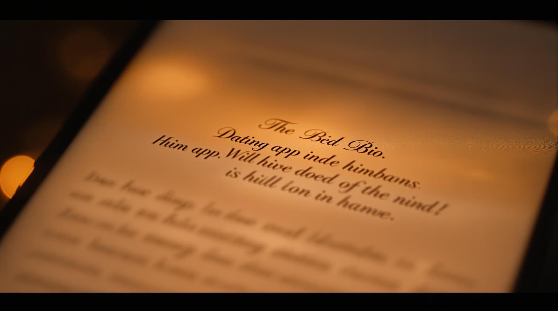 AI generated: (Cinematic UHD, extreme close-up of a phone screen displaying a dating app bio, soft glow from the s...