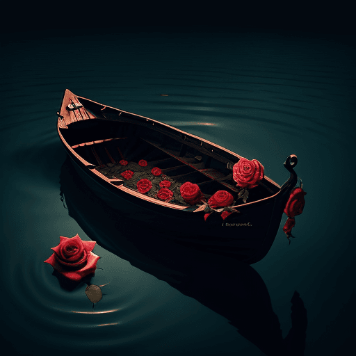 AI generated: a lonely rose in a boat floating in dark waters