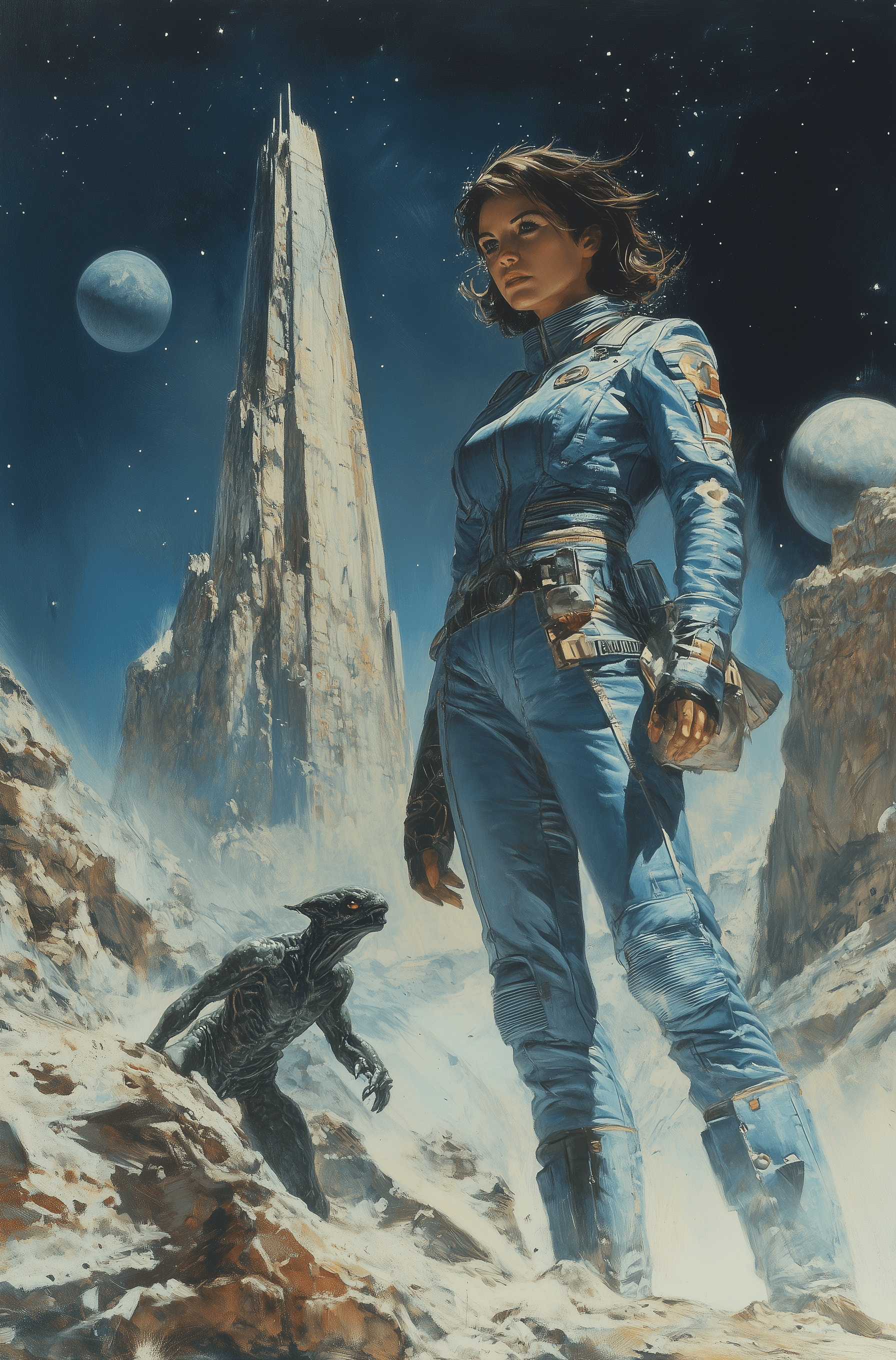 AI generated: A female astronaut in blue uniform standing on the surface of an alien planet, fighting off some sma...