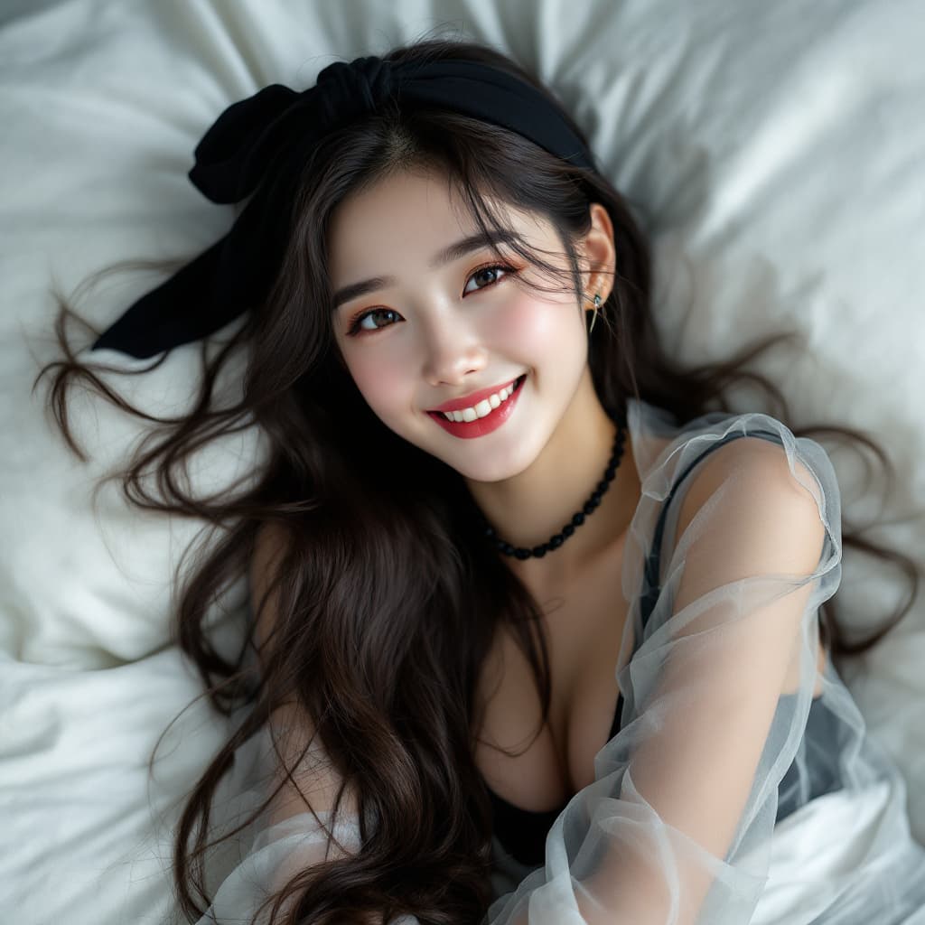 AI generated: Cute, pretty Korean girl with long hair wearing a transparent shirt and black headband lying on the ...