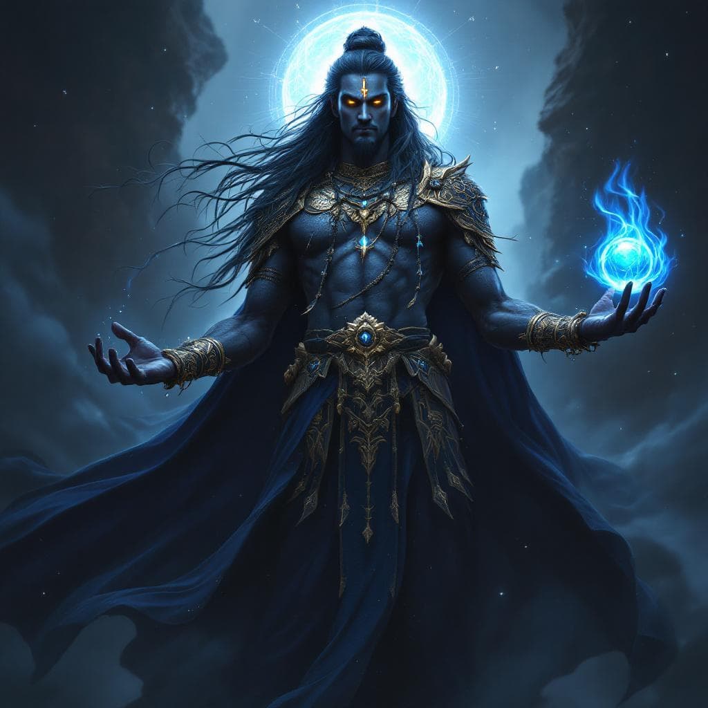 AI generated: An ultra-realistic, full-body portrait of the formidable Lord Shani Dev, the celestial arbiter of ka...