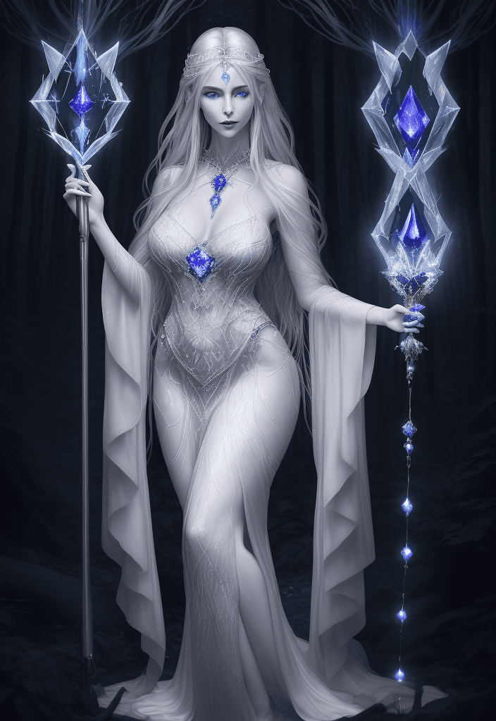 AI generated: A mystical, silver-haired sorceress with piercing sapphire eyes stands amidst a dark, mystical fores...