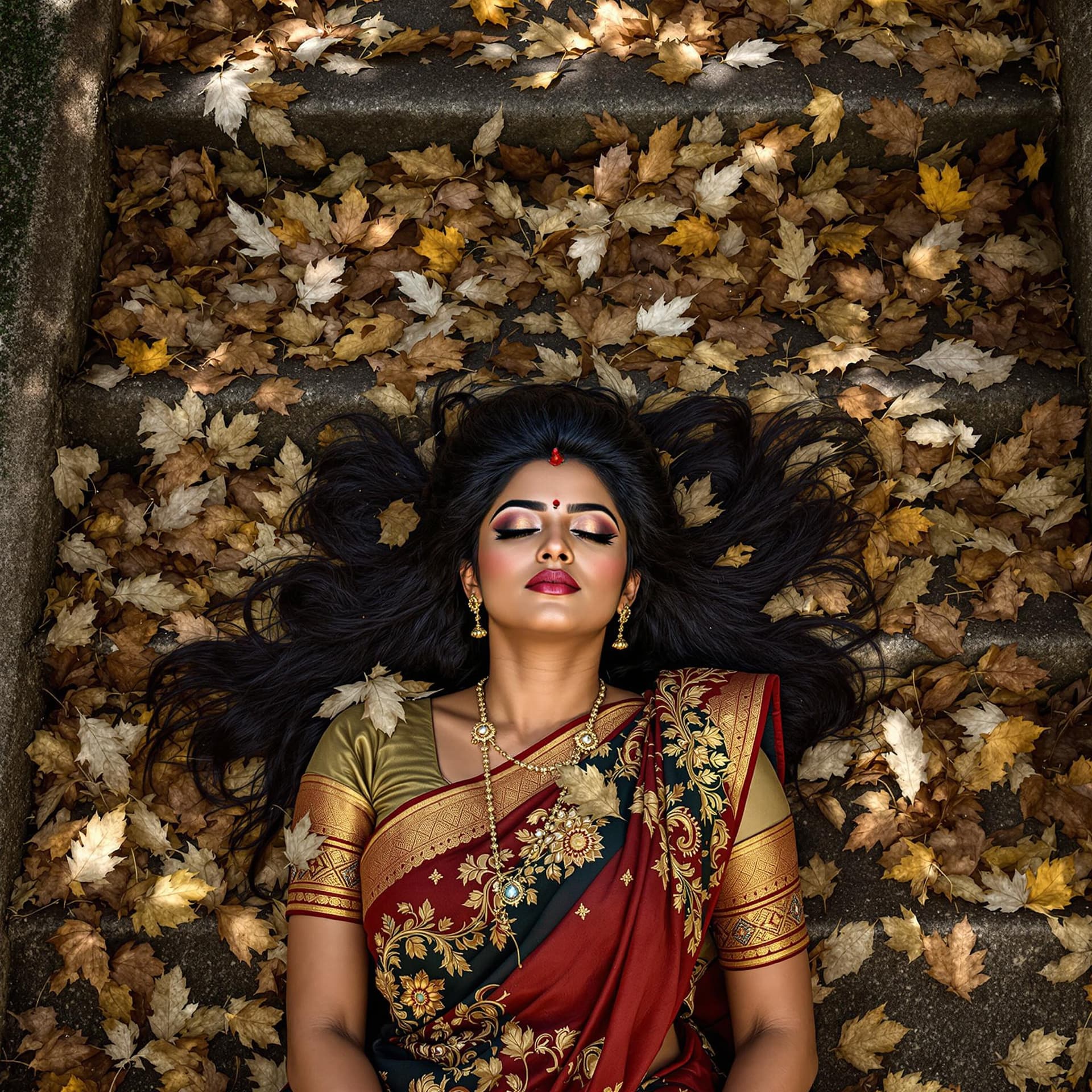 AI generated: a Kerala woman, from above, lying on old stone stairs in covered in dead leaves, Kerala Saree dress,...
