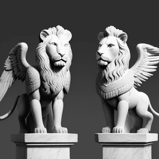 AI generated: black and white photograph of an ancient greek sculpture depicting two Winged Assyrian lion, --ar 64...