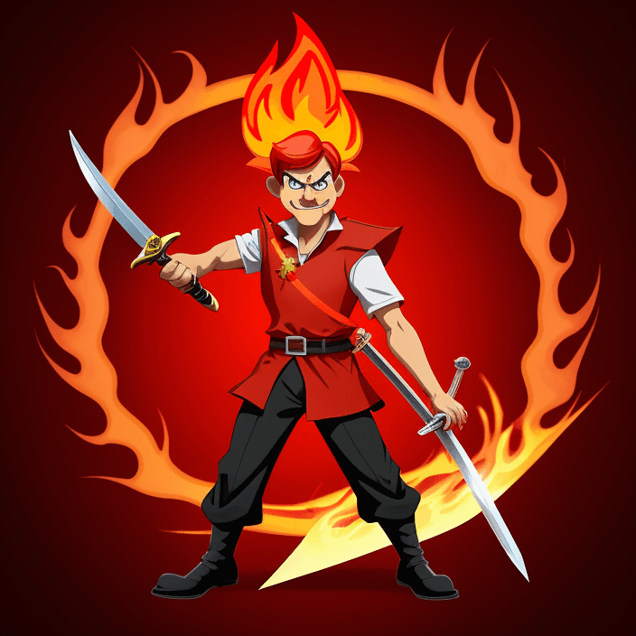AI generated: logo, cartoon man with a sword of fire inside red circle, red theme