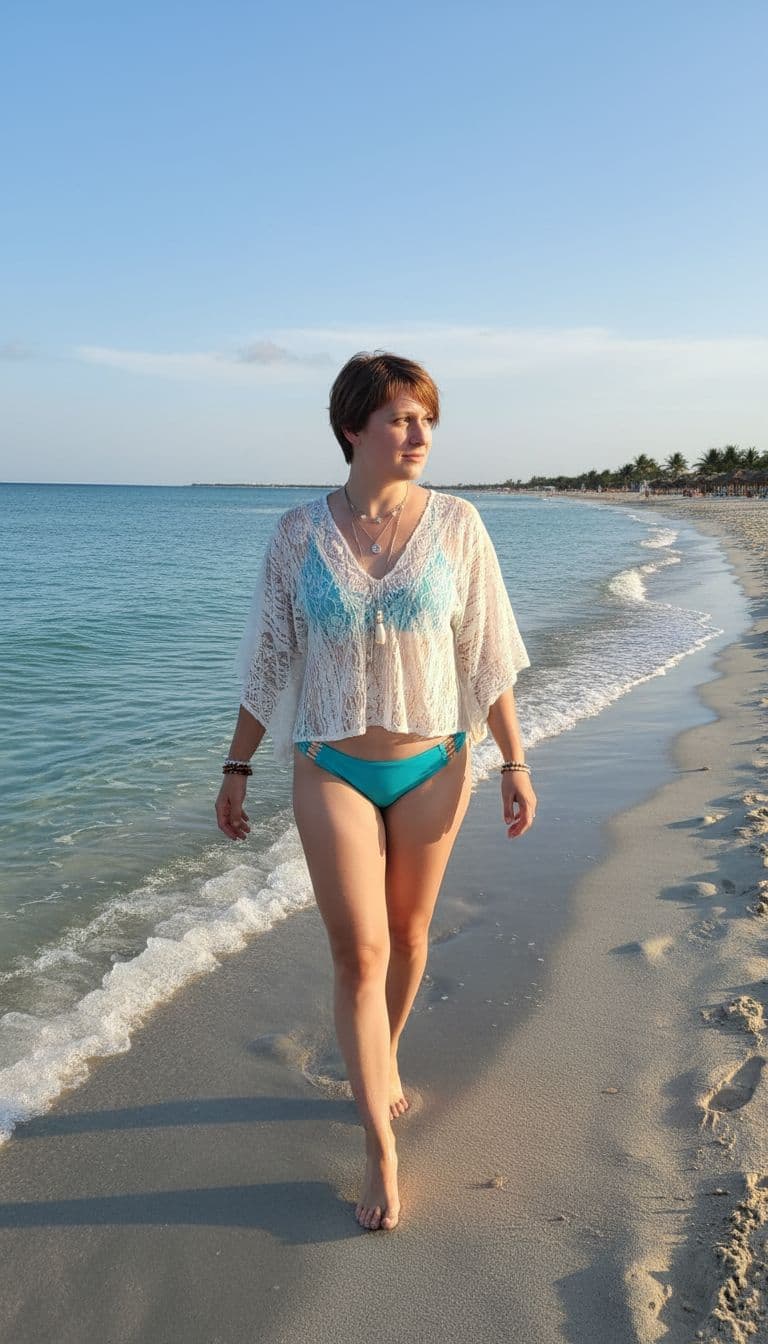 AI generated: Woman walking along the beach wearing boho top and bikini bottom. 