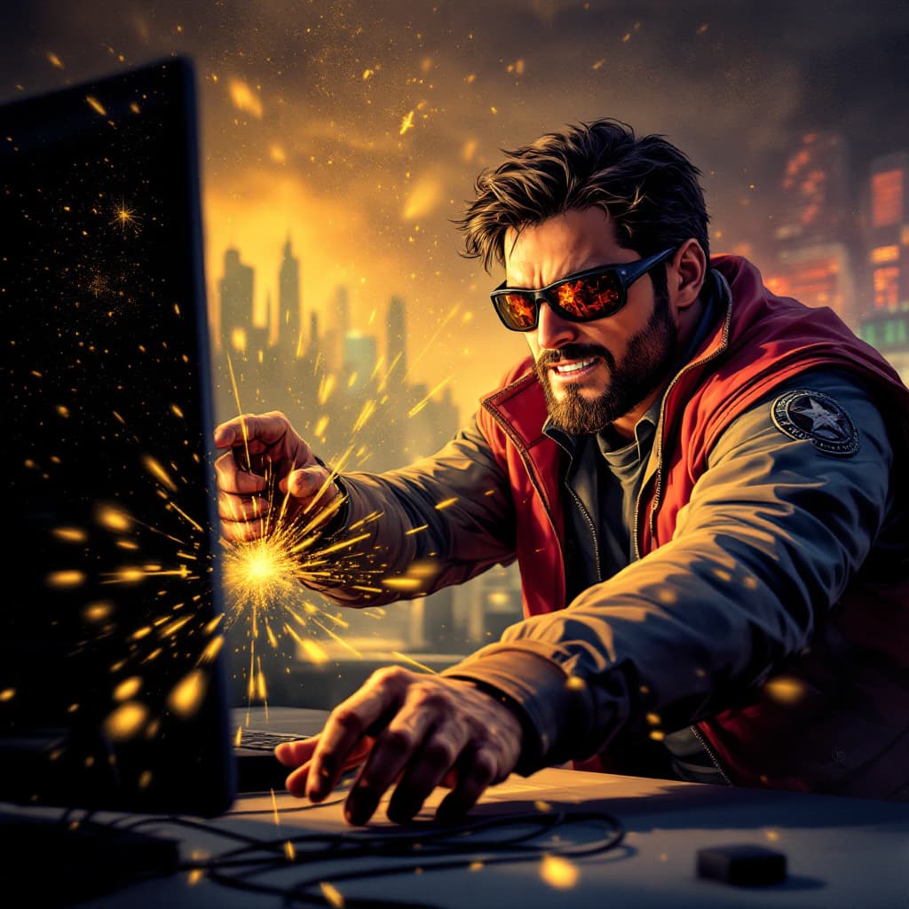 AI generated: a superhero with sun glasses hacking a game
