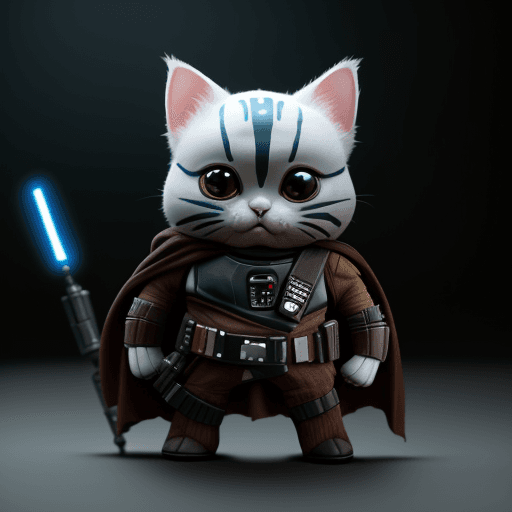 AI generated: Star Wars, Mandalorian, a super cute Grogu in full body, Epic,and a white cat one eye, Cinematic sce...
