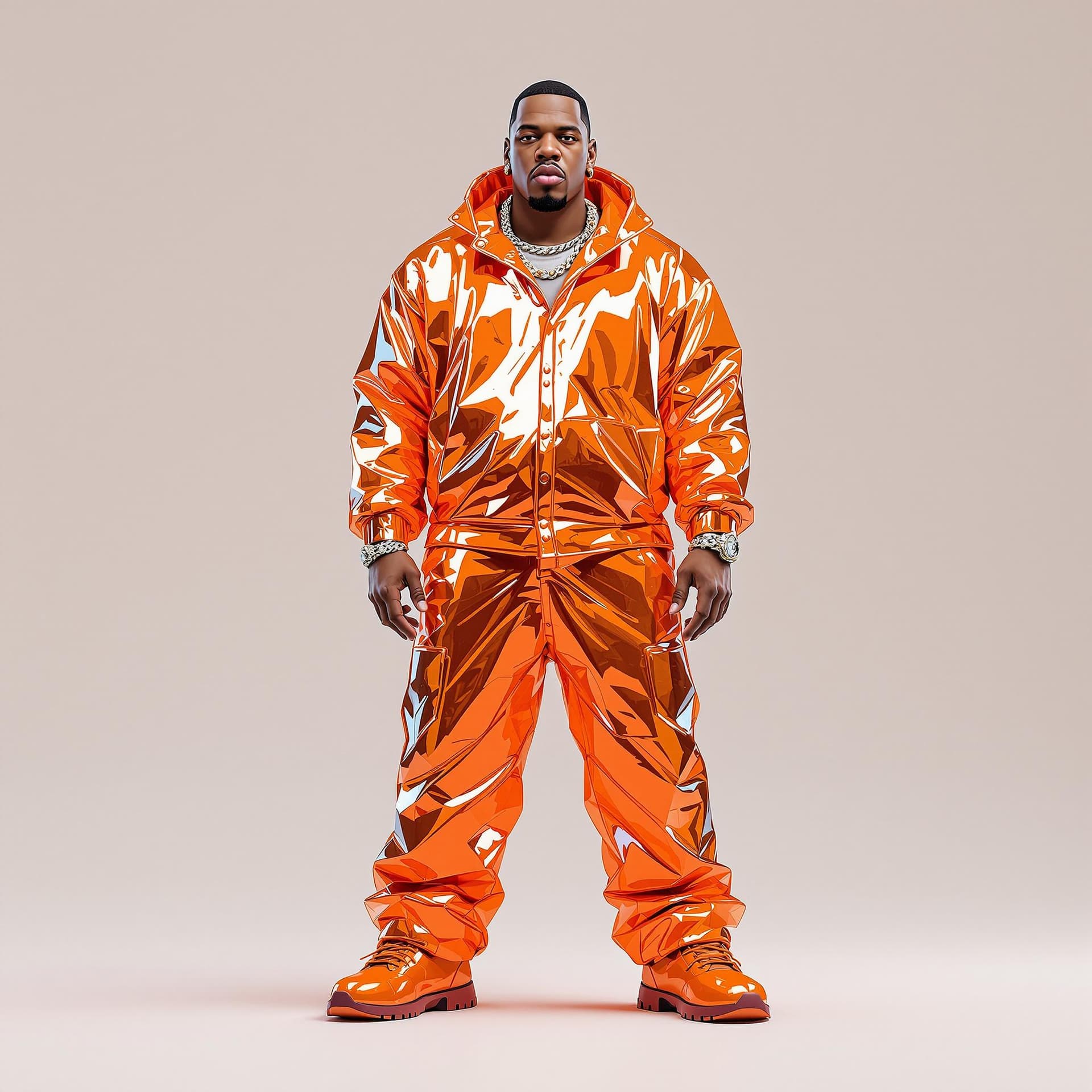 AI generated: 3D cartoon of Jay-Z, Wearing Iridescent Orange Prison Jumpsuit, Boss Feel, WitchPunk, Y2K Style, Str...