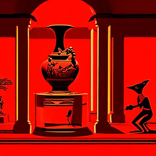 AI generated: a 4k photo of a classical greek vase in the "red-figure pottery" style sitting in a museum depicting...
