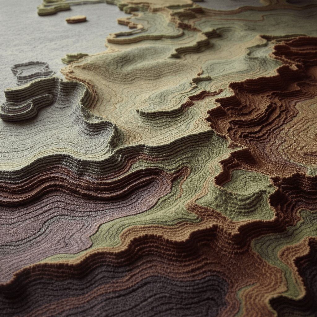 AI generated: A topographical contour map made entirely from layers of Canterbury cloth. Each contour line is a pr...