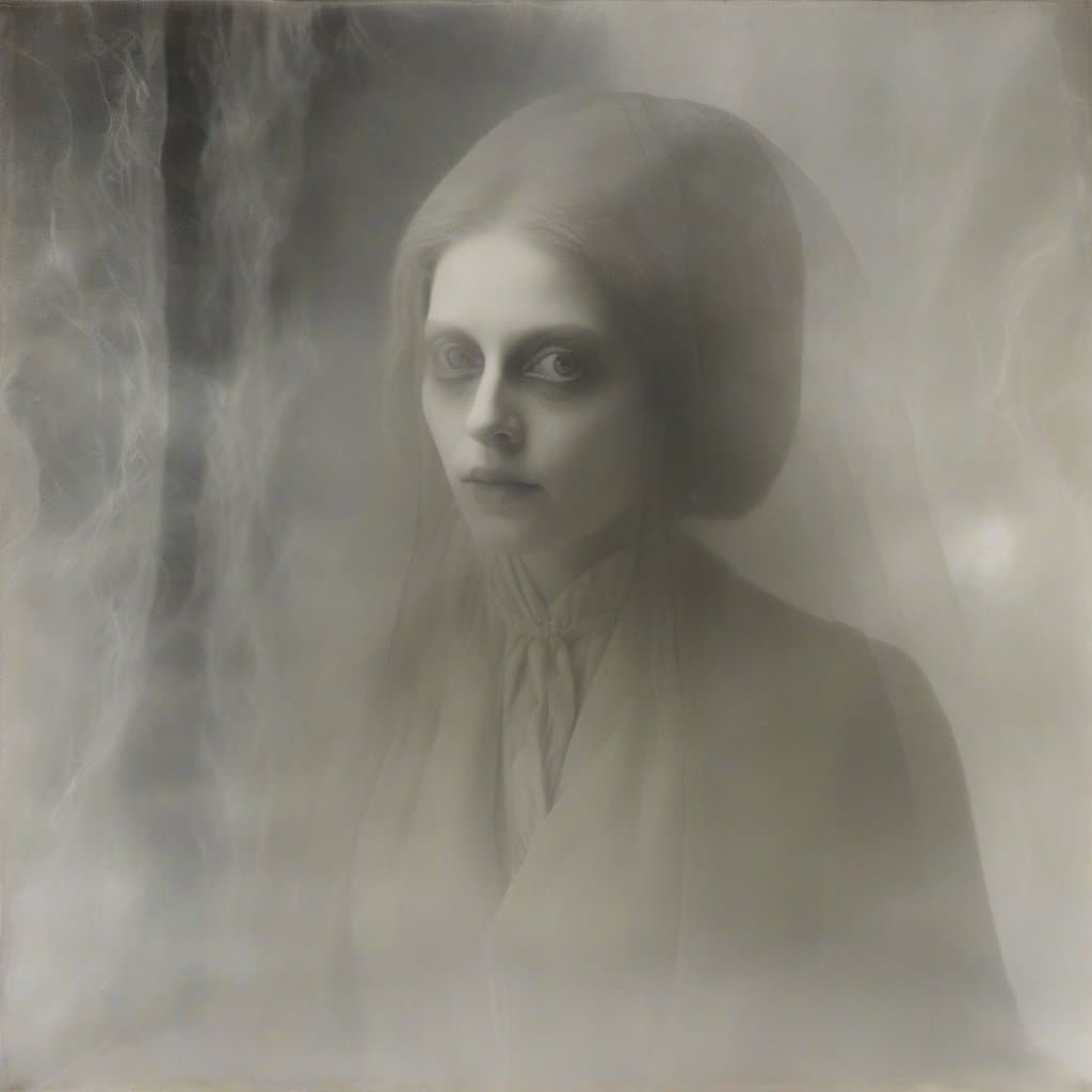 AI generated: double exposure, (transparent mysterial female portrait as foreground, by Henry Fuseli, 1. 5)(winter...