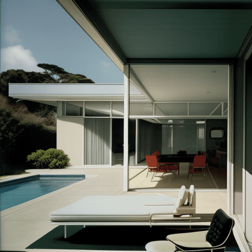 AI generated: Hyper realistic eye level exterior photo of a mid century modern style house overlooking the ocean, ...