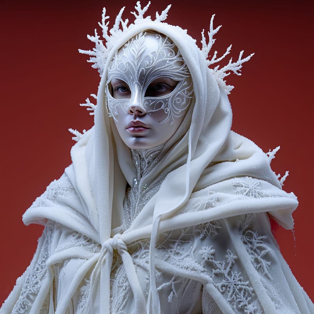 AI generated: A hyper-realistic portrait, in HD, 8K, of a woman wearing a full mask sculpted from shimmering ice a...