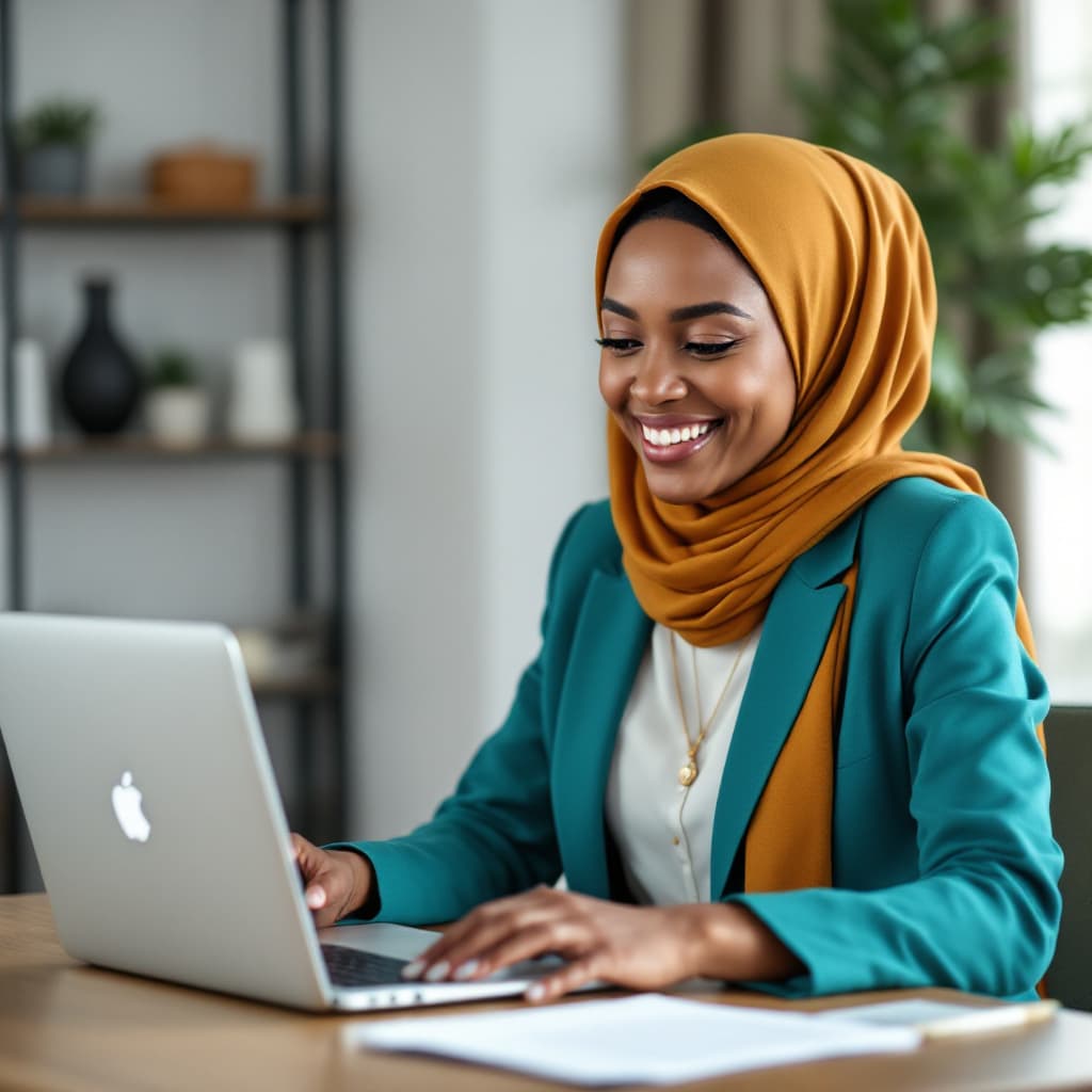 AI generated: Photo of a joyful Nigerian caramel skin female virtual assistant working smarter and not harder; the...