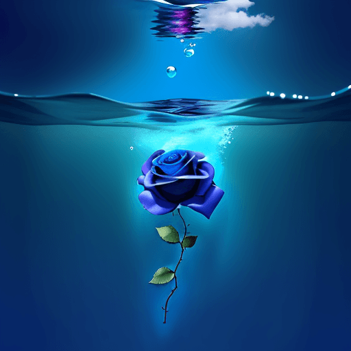 AI generated: Una rosa azul, flotando en el agua y el cielo en llamas. 
