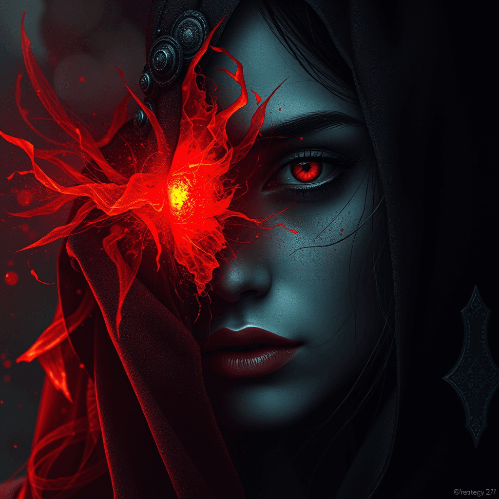 AI generated: an image of a woman's face half veiled in shadow, half illuminated by a fiery red glow, symbolizing ...