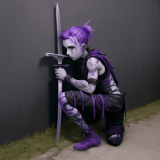 AI generated: a boy kneels down behind a wall holding a sword, in the style of cybergoth, purple threads, midwest ...