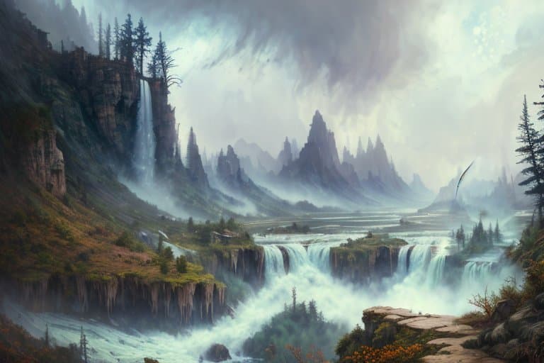 AI generated: waterfall (style of Kim Keever), Hand drawn, atmospheric 4k ultra detailed, cinematic sensual, Sharp...