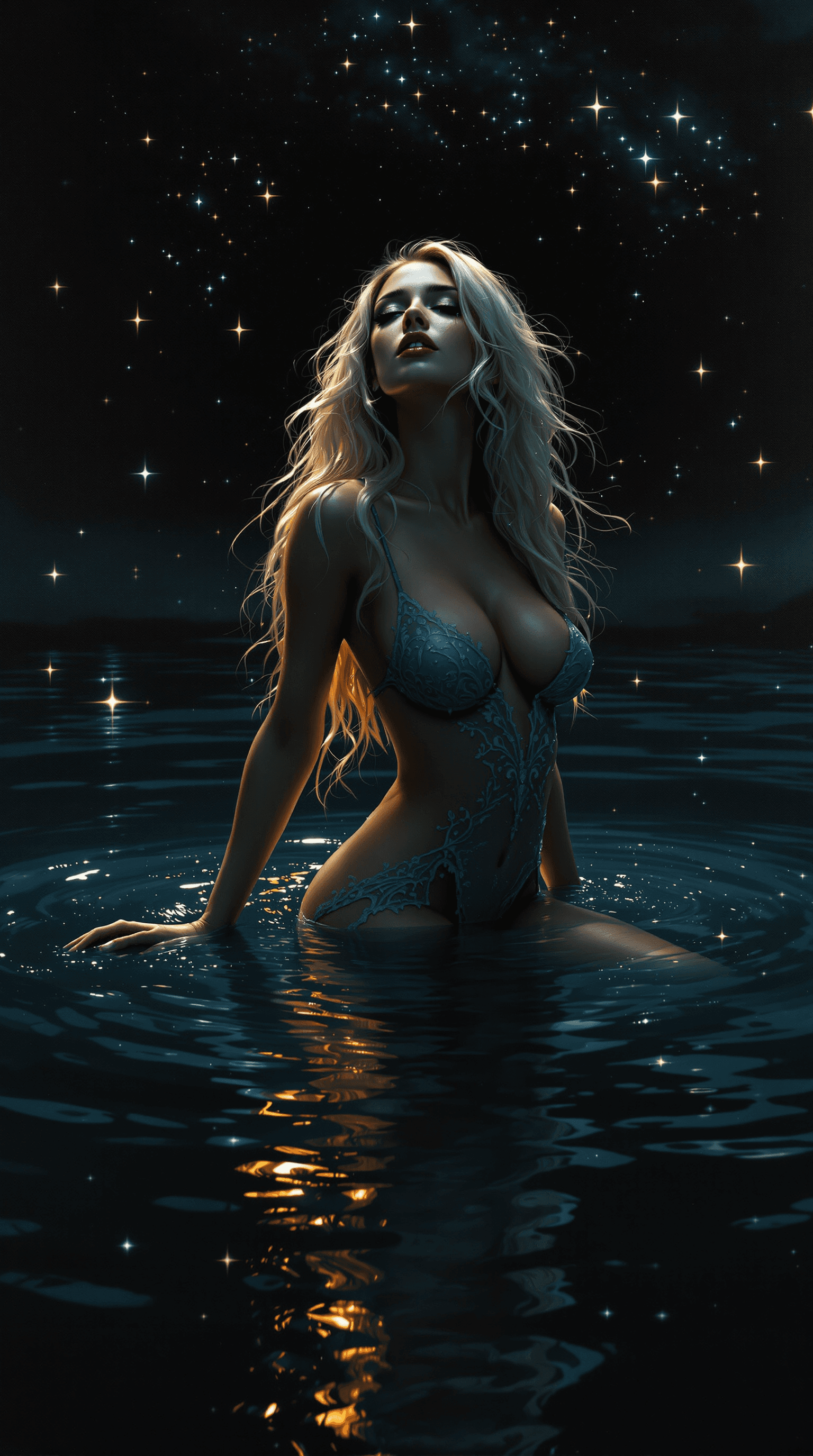 AI generated: very alluring woman, slim, long hair blonde, alluring dress, in a lake, a magical night with stars, ...