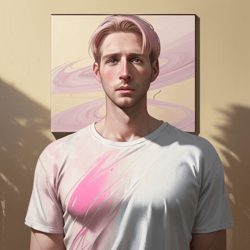AI generated: new art : a white man 32 years old with pink t-shirt and no beard. satara by johnny taylor, in the s...