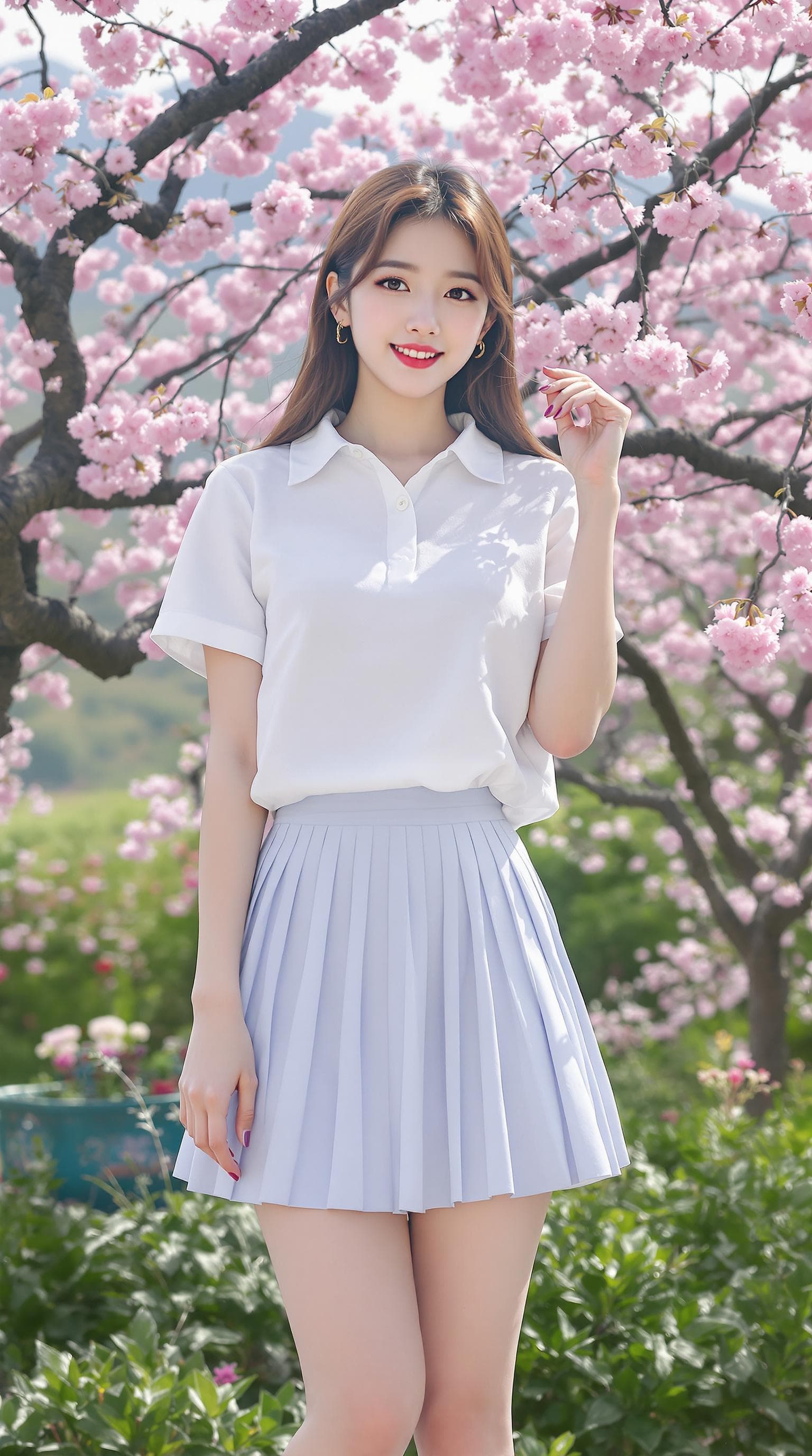 AI generated: a girl, Korean woman, korean ulzzang face, in a casual clothes, short sleeves and pleated mini skirt...