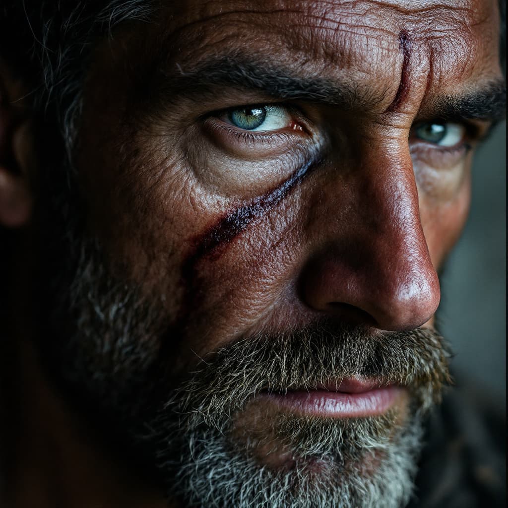 AI generated: A close-up portrait of a man with a scar on his face. The style is reminiscent of Irving Penn's work...