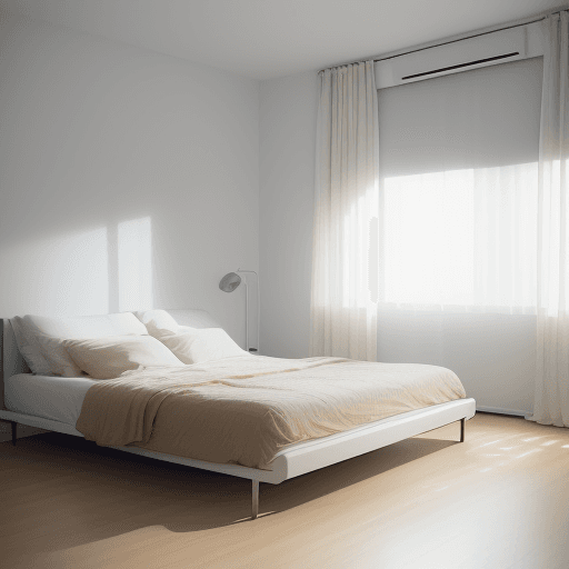 AI generated: cinematic, canon EOS 5d, minimalist apartment bedroom, modernism furnishings, beige and white tone, ...