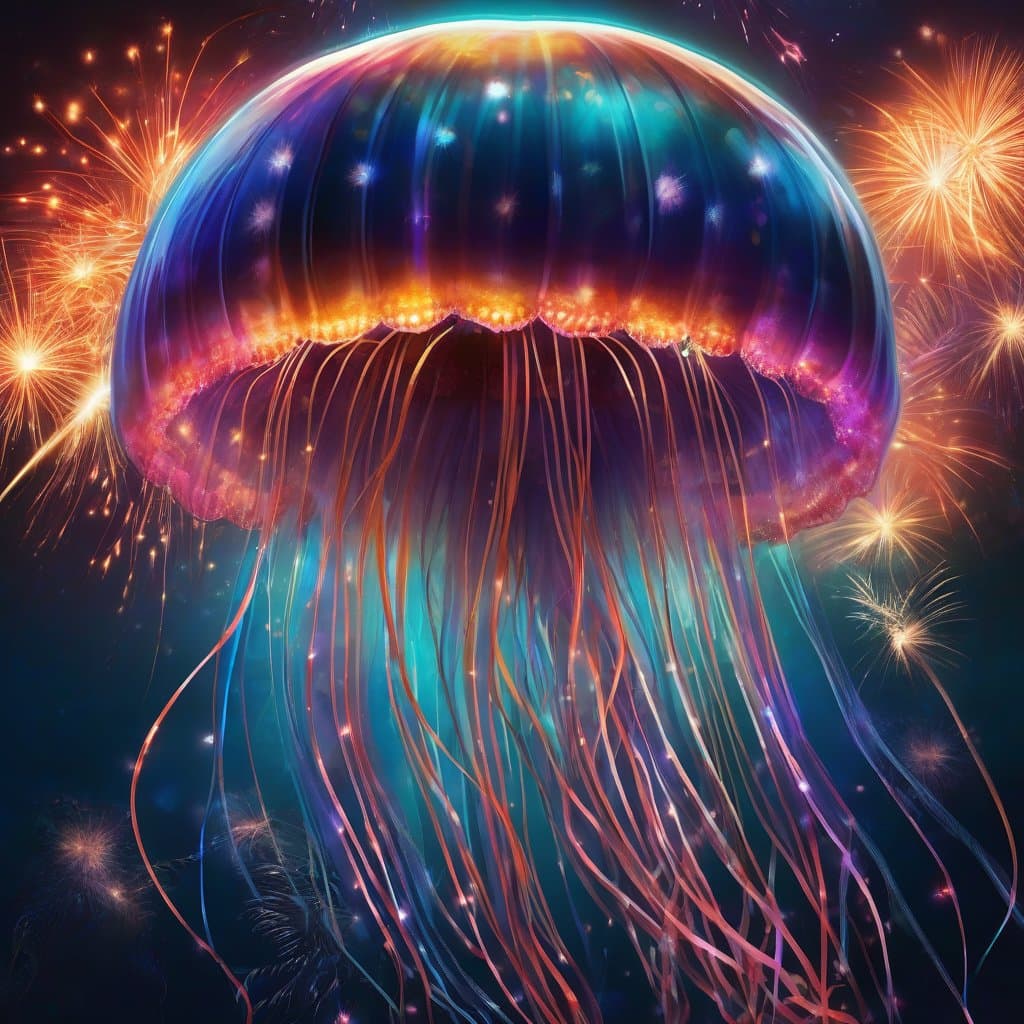 AI generated: A vibrant jellyfish, illuminated by the glow of a sparkler it’s holding in one of its tentacles, joy...